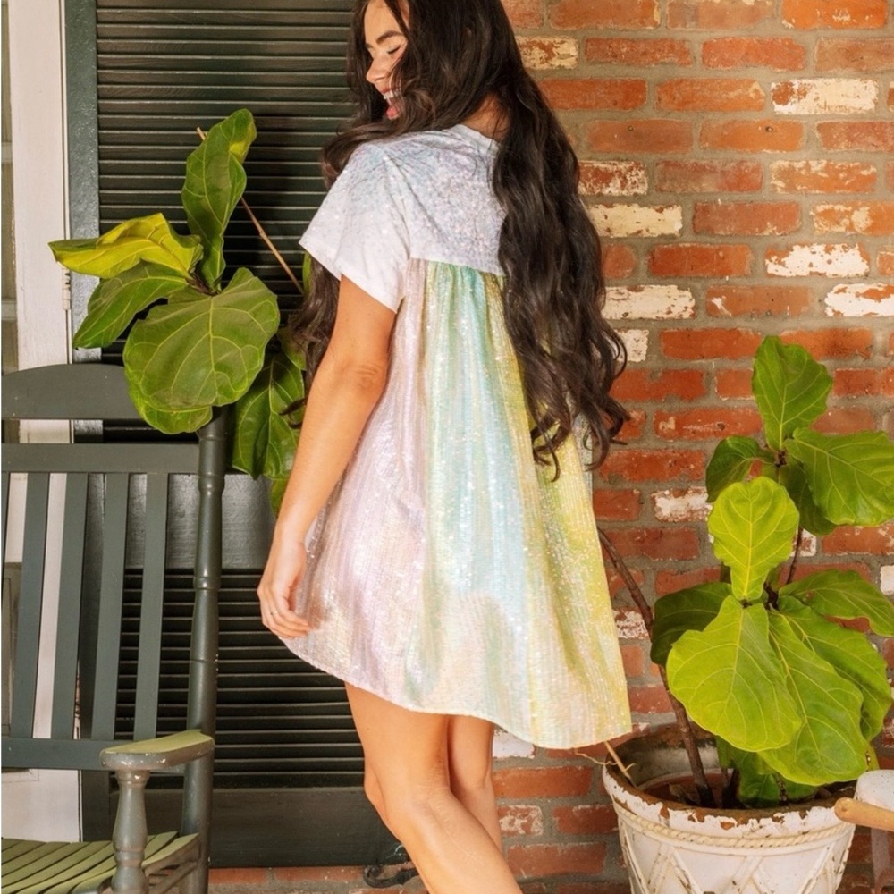 QOS Iridescent Sequin Cape Dress